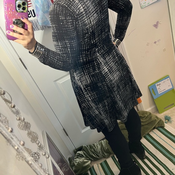 KAREN KANE BLACK GRAY WHITE PRINT LONG SLEEVE DRESS COMFORTABLE BEAUTIFUL EUC M - Picture 3 of 11